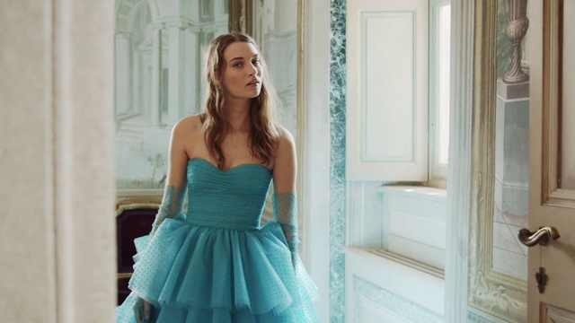 Video Reference: Clothing, Dress, Gown, Photograph, Aqua, Blue, Wedding dress, Strapless dress, Turquoise, Bridal party dress, Person