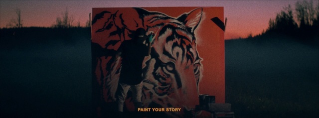 Video Reference: Art, Painting, Visual arts, Wildlife, Snapshot, Modern art, Wall, Font, Room, Mural, Dark, Light, Sitting, Orange, Red, Stop, Standing, Night, Bed, White, Sign, Man, Street, Cat, Tiger, Mammal, Text, Animal, Bengal tiger, Siberian tiger