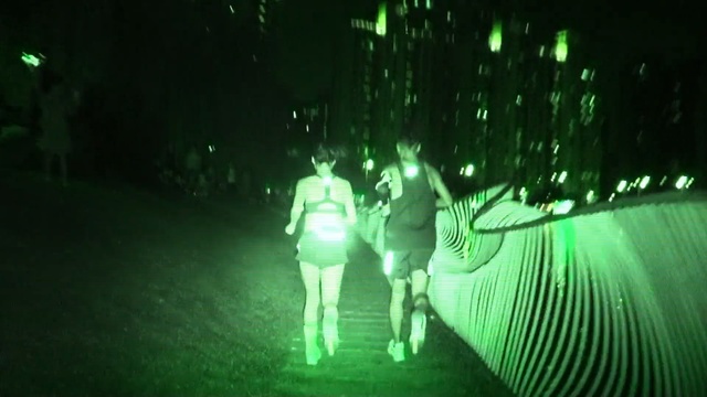 Video Reference: green, darkness, light, snapshot, night, grass, tree, midnight, fun, laser, Person