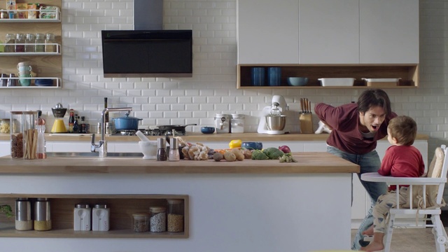 Video Reference: Room, Furniture, Kitchen, Countertop, Interior design, Home, Table, House, Material property, Shelf