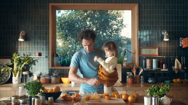 Video Reference: family, father, home, meal, food, brunch, window, cuisine, interior design, flower, plant, supper