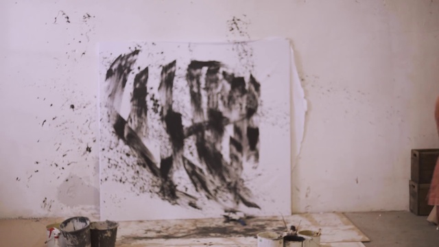 Video Reference: Wall, Art, Drawing, Indoor, Dirty, White, Covered, Sitting, Room, Old, Sink, Man, Table, Graffiti, Kitchen, Stove, Standing, Refrigerator, Painting, Sketch, Messy