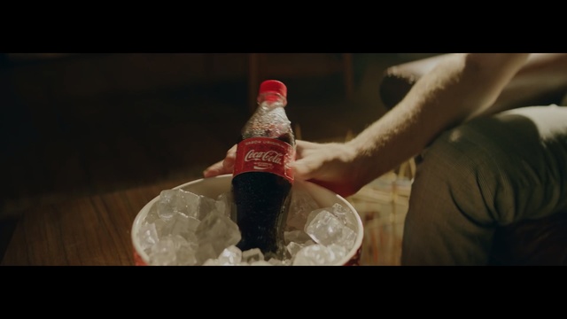 Video Reference: Red, Hand, Coca-cola, Drink, Cola, Finger, Leg, Flesh, Carbonated soft drinks, Bottle, Person, Man, Table, Food, Holding, Sitting, Wearing, Woman, Young, Water, White, Doing, Cat, Soft drink, Beer, Glass