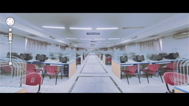 Video Reference: interior, room, building, restaurant, cafeteria, furniture, table, chair, modern, structure, hall, inside, floor, Person