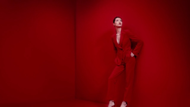 Video Reference: Red, Standing, Fashion, Suit, Formal wear, Fashion design, Model, Photography, Room, Fashion model