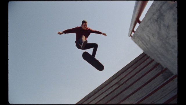 Video Reference: sky, cloud, skateboard, skateboarding, skateboarding equipment and supplies, jumping, skateboarder, fun, extreme sport, recreation