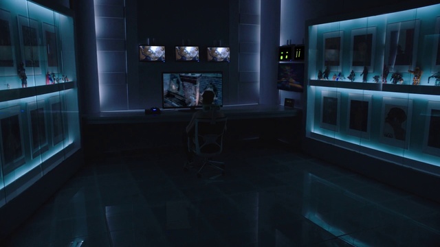 Video Reference: Blue, Screenshot, Room, Technology, Darkness, Architecture, Building, Space, City, Night