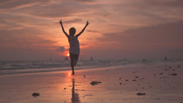 Video Reference: sunrise, sky, calm, sea, morning, sunset, horizon, sun, ocean, sand, Person