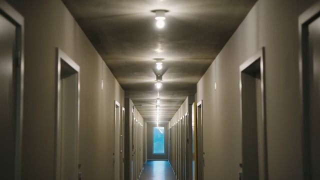 Video Reference: Ceiling, Lighting, Wall, Light fixture, Architecture, Plaster, Room, Building, Floor, Symmetry