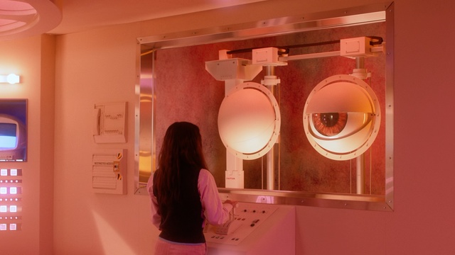 Video Reference: pink, room, interior design, lighting, ceiling, furniture, Person