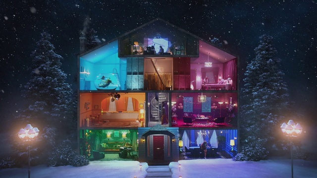 Video Reference: Light, Lighting, Theatrical scenery, House, Architecture, Night, Winter, Building, Home, Screenshot, Person