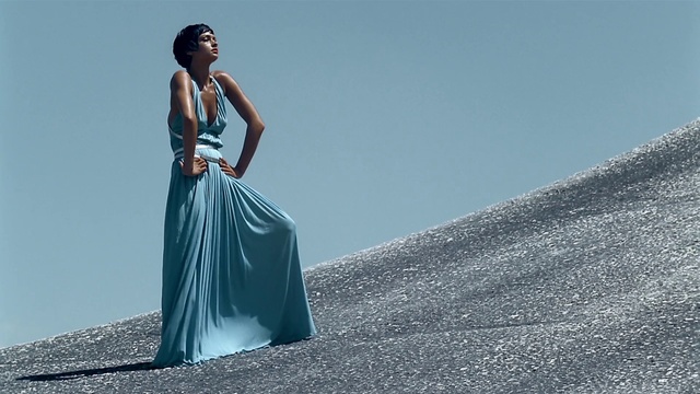 Video Reference: Dress, Clothing, Gown, Fashion model, Shoulder, Blue, Fashion, Beauty, Lady, Photo shoot