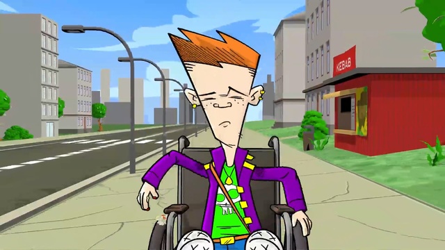 Video Reference: Cartoon, Animated cartoon, Animation, Mode of transport, Wheelchair, Adventure game, Illustration, Recreation, Vehicle, Fictional character, Person