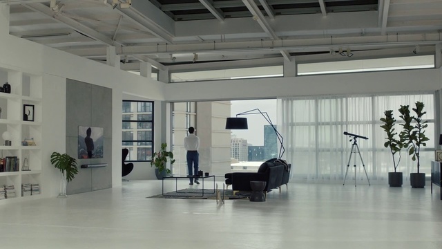 Video Reference: Ceiling, Building, Lobby, Interior design, Floor, Room, Architecture, Loft, Office, Flooring