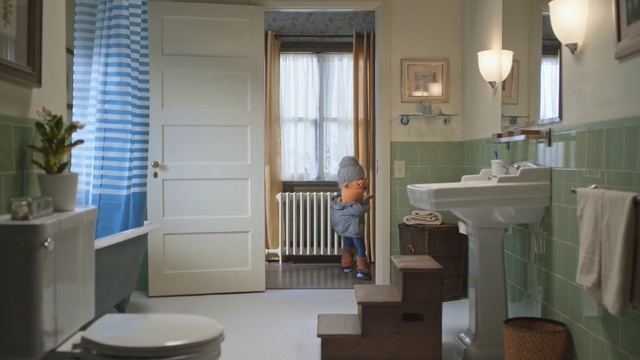 Video Reference: room, bathroom, home, interior design, window, bathroom accessory, floor, window treatment, window covering, flooring, Person