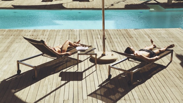 Video Reference: Sunlounger, Outdoor furniture, Leisure, Chaise longue, Furniture, Table, Swimming pool, Hammock, Wood, Vacation