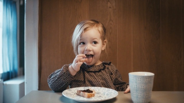 Video Reference: eating, girl, child, toddler, food, Person