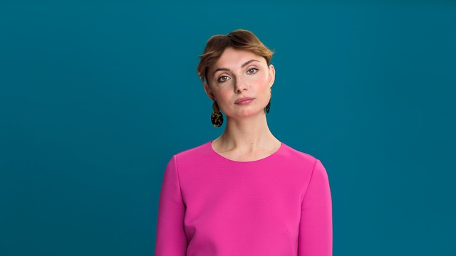Video Reference: blue, pink, beauty, shoulder, standing, girl, neck, human, portrait, joint, Person