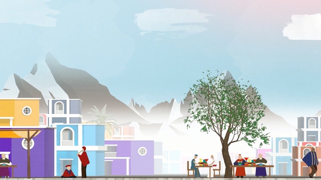 Video Reference: Illustration, Sky, Tree, Architecture, Residential area, House, Urban design, Room, Animation, Games