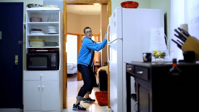 Video Reference: Refrigerator, Major appliance, Home appliance, Room, Kitchen appliance, Microwave oven, Door, Furniture, Small appliance, Cabinetry