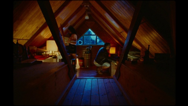 Video Reference: Room, Attic, House, Architecture, Photography, Building, Log cabin, Wood, Interior design, Night