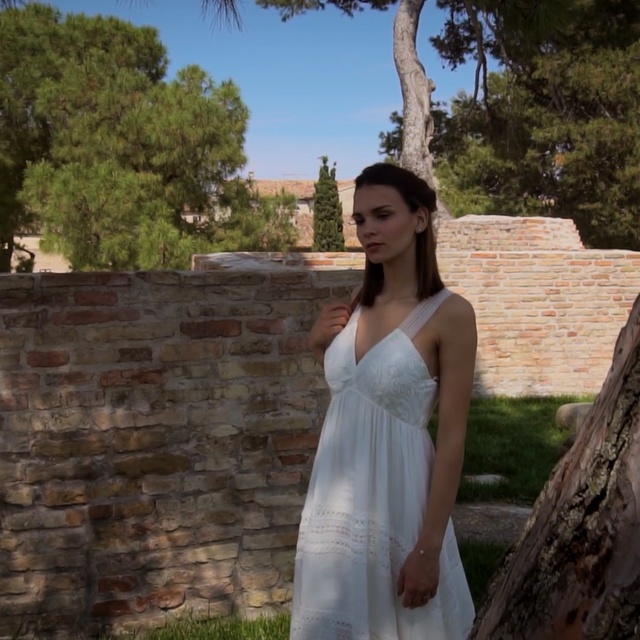 Video Reference: Photograph, Clothing, Dress, Lady, Gown, Shoulder, Beauty, Wedding dress, Bridal clothing, Long hair, Person, Outdoor, Standing, Holding, Rock, Brick, Grass, Man, White, Young, Woman, Front, Stone, Wearing, Carrying, Posing, Girl, Dressed, Large, Walking, Board, Park, Water, Wedding, Zoo, Umbrella, Tall, Field, Tree, Human face, Bride