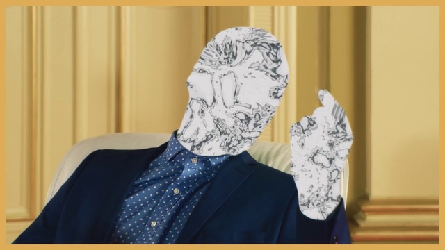 Video Reference: Headgear, Outerwear, Room, Neck, Costume, Illustration, Mask, Veil, Person, Indoor, Yellow, Small, Table, Man, Blue, Sitting, Black, Wearing, White, Shirt, Standing, Holding, Young, Living, Bed, Human face