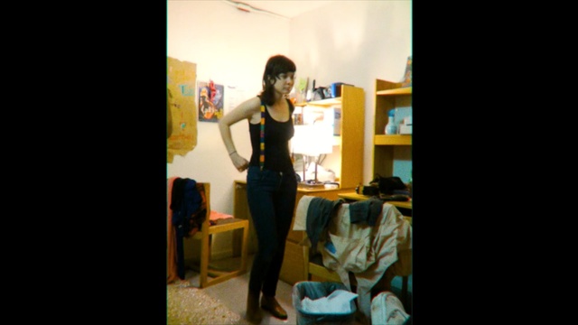 Video Reference: blue, yellow, room, dress, snapshot, girl, standing, fun, performance art