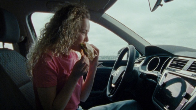 Video Reference: Vehicle, Motor vehicle, Car, Driving, Blond, Steering wheel, Vehicle door, Family car, Automotive exterior, Auto part