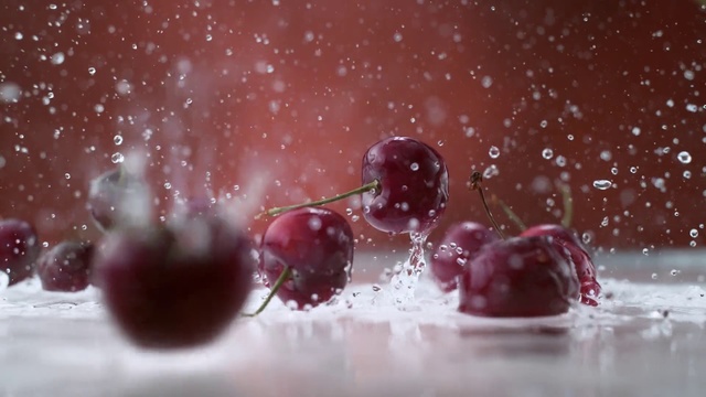 Video Reference: Cherry, Water, Fruit, Drop, Still life photography, Still life, Plant, Macro photography, Food, Photography, Sitting, Snow, Red, Plate, Table, Covered, Small, White, Cake, Holding, Droplet