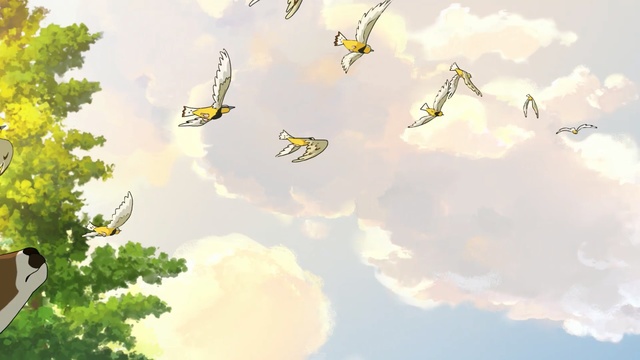 Video Reference: sky, cloud, yellow, leaf, daytime, tree, pollinator, computer wallpaper, branch, insect
