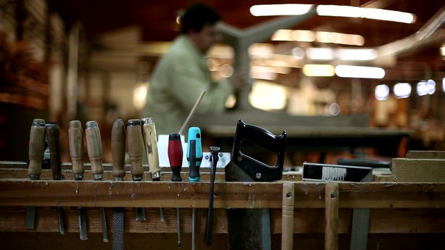 Video Reference: man, work, worker, wood, hand, factory, workshop, instruments, Person