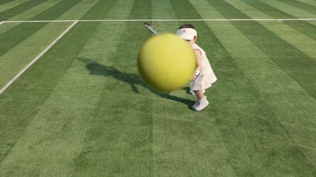 Video Reference: Sport venue, Grass, Ball, Soccer ball, Lawn, Artificial turf, Flooring, Yellow, Sports equipment, Football, Game, Sport, Outdoor, Woman, Court, Holding, Green, Standing, Small, Swinging, Player, Playing, Man, Field, Young, White, Grassy, Bat, Air, People, Athletic game, Tennis, Tennis ball, Golf