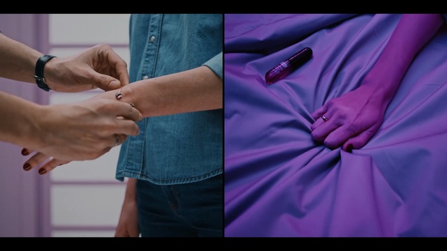 Video Reference: Purple, Violet, Hand, Outerwear, Textile, Magenta, Jeans, Finger, Waist, Shirt
