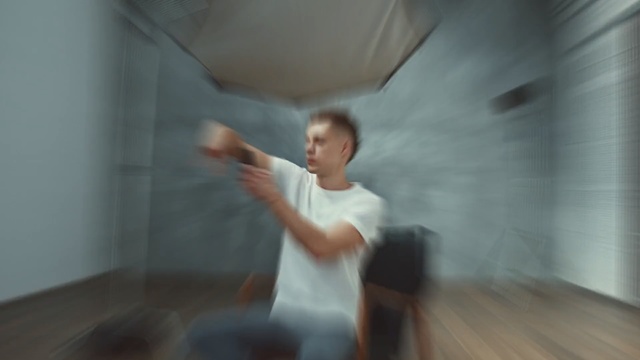Video Reference: blue, white, photograph, room, ceiling, fun, light, shoulder, floor, standing, Person