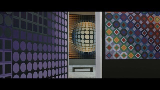 Video Reference: blue, purple, architecture, pattern, glass, design, symmetry, window, space, daylighting, Person