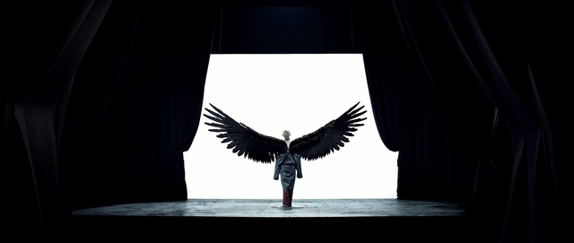 Video Reference: black, darkness, light, black and white, wing, scene, performance, Person