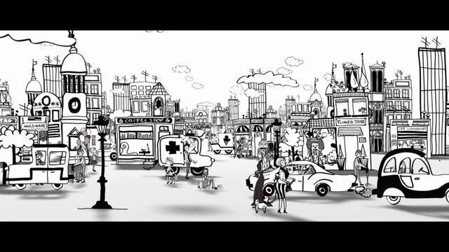 Video Reference: Cartoon, Mode of transport, Black-and-white, Illustration, Font, Sketch, Monochrome, Drawing, Art, City