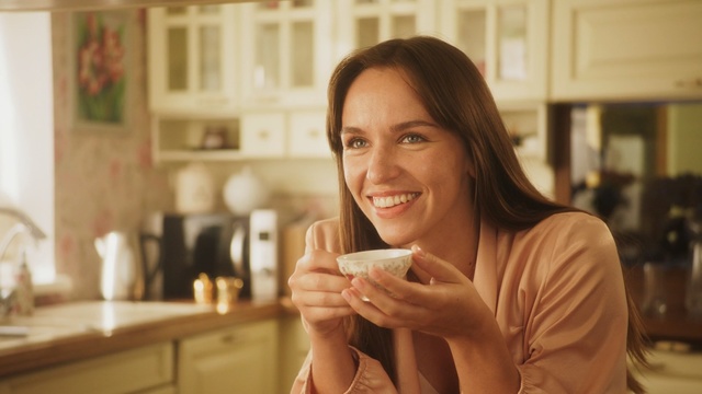 Video Reference: Face, Facial expression, Skin, Smile, Lip, Hand, Long hair, Brown hair, Finger, Drinking, Person