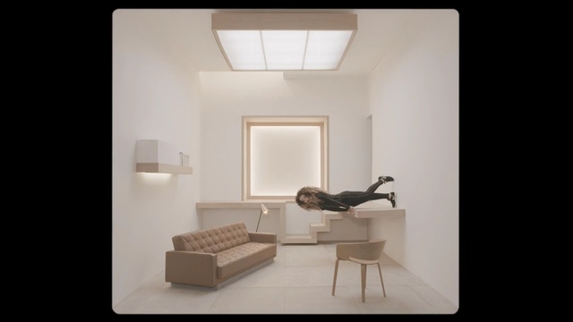 Video Reference: room, interior, furniture, table, house, home, lamp, modern, sofa, apartment, decor, living, floor, chair, studio apartment, design, window, wood, Person