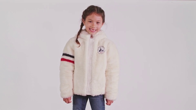 Video Reference: White, Clothing, Outerwear, Jacket, Hood, Beige, Sleeve, Coat, Child, Fur