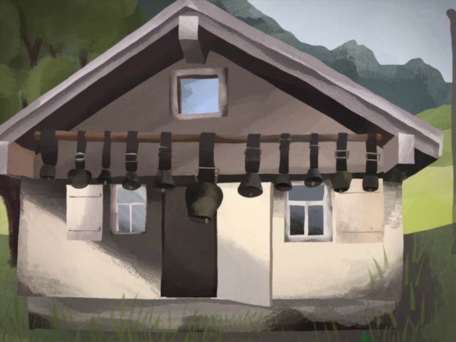 Video Reference: House, Building, Cottage, Architecture, Roof, Home, Illustration, Person, Outdoor, Grass, Front, Mountain, Sitting, View, Large, Side, Street, White, Sign, Table, Old, Man, Standing, Parked, Window, Store, Train, Sky, Door