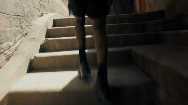 Video Reference: Stairs, Human leg, Leg, Handrail, Shadow, Footwear, Floor, Room, Human body, Boot