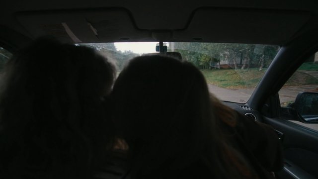 Video Reference: car interior, back seat, passengers, silhouette, out of focus, windshield, road, trees, travel, vehicle, daytime, interior view