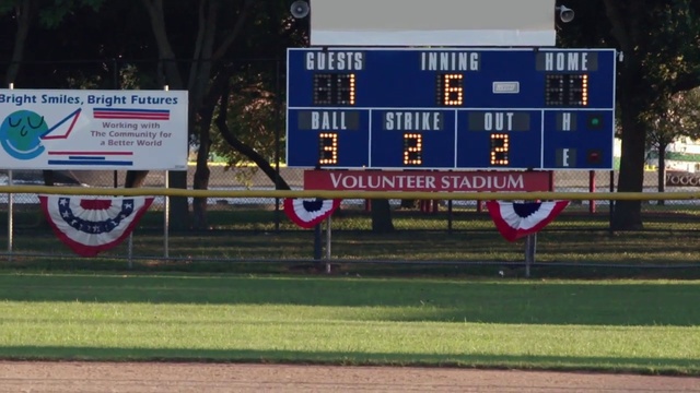 Video Reference: Scoreboard, Sport venue, Stadium, Sports equipment, Signage, Baseball field, Advertising, Person