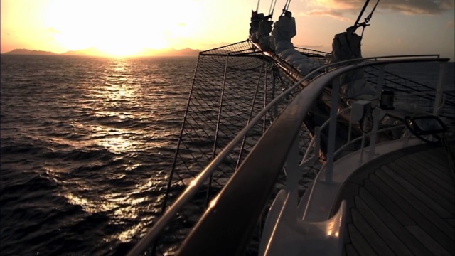 Video Reference: Sky, Vehicle, Boat, Sea, Sailing, Horizon, Sunset, Tall ship, Sailing ship, Ocean