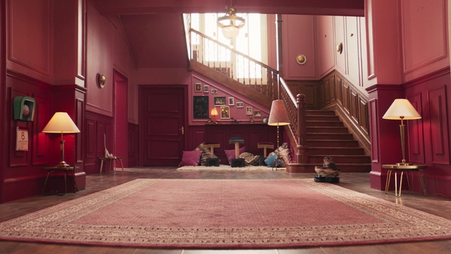 Video Reference: Red, Room, Floor, Pink, Building, Carpet, Interior design, Architecture, Flooring, Stage, Person