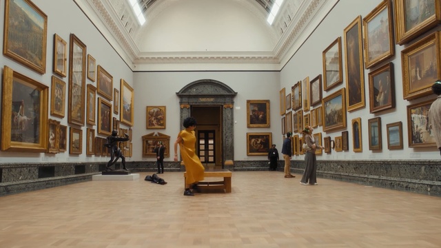 Video Reference: tourist attraction, museum, art gallery, interior design, flooring, lobby, estate, floor, ceiling, exhibition, Person