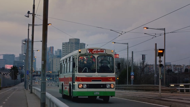 Video Reference: transport, metropolitan area, bus, traffic light, signaling device, lane, motor vehicle, urban area, mode of transport, public transport, Person