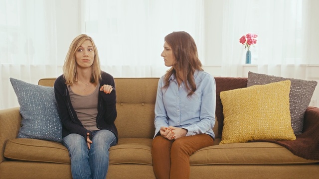 Video Reference: sitting, furniture, girl, couch, shoulder, conversation, communication, fun, Person
